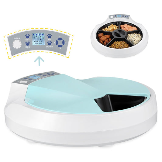 5-Meal Automatic Portion Control Feeder for Dry and Wet Food with a Programmable Timer, Voice Recorder, and Dual Power Supply - So Adogable