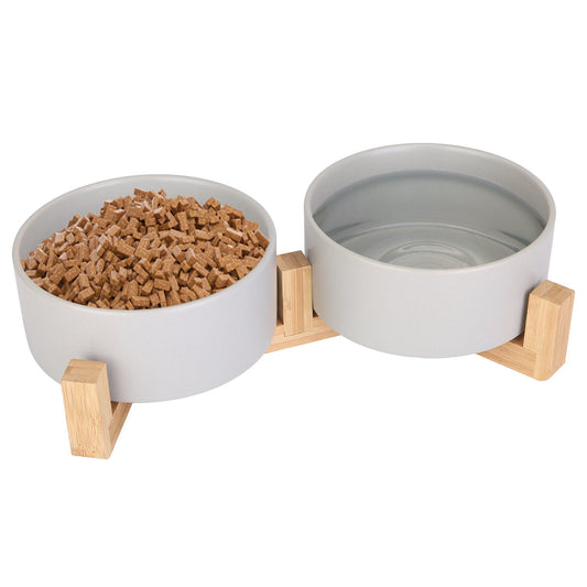 Double 28.7oz Ceramic Pet Bowls with Wooden Stand Small Dogs - So Adogable