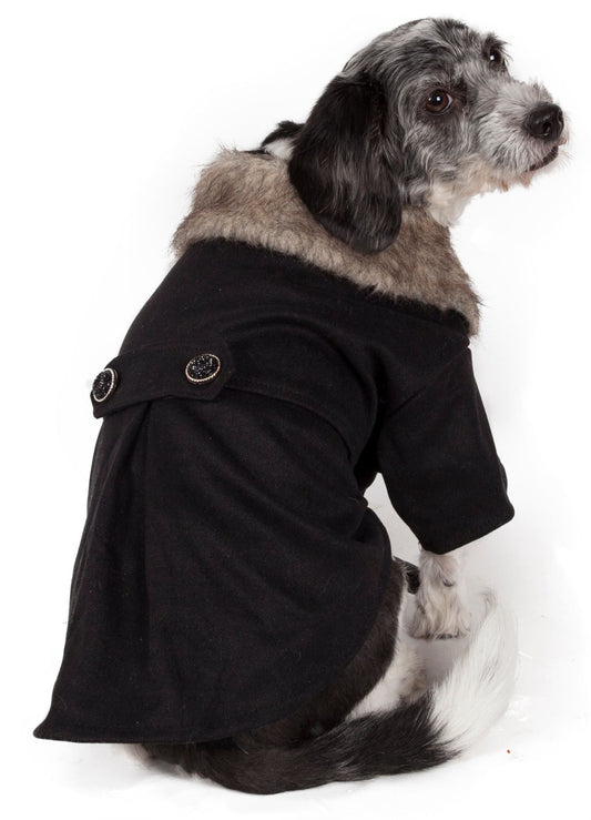 Pet Life Buttoned 'Coast-Guard' Fashion Faux-Fur Collared Wool Pet Coat - So Adogable